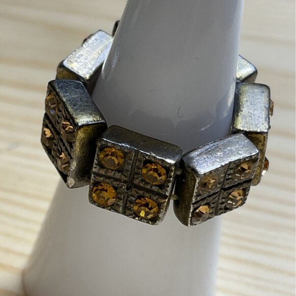 Chunky Strech Ring Four Four Square Amber Colored Crystal Rhinestone - Picture 3 of 3